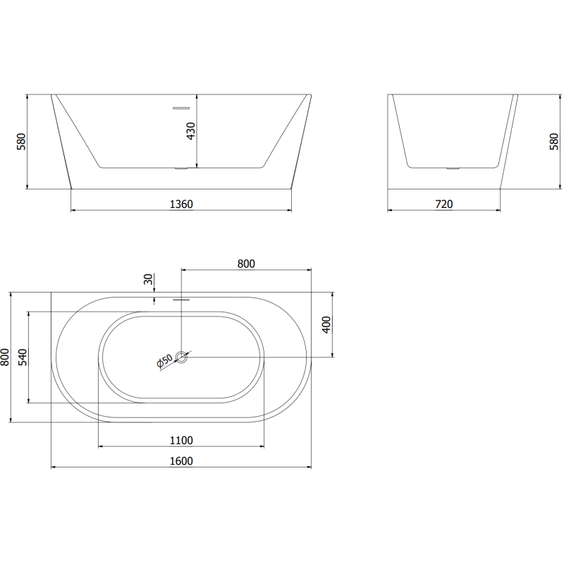 Mexen Oval freestanding wall bathtub 160 x 80 cm, white, black overflow - 52671608000-70