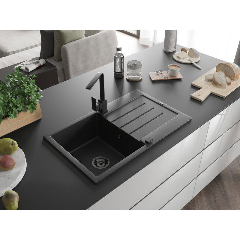 Mexen Bruno 1-bowl granite sink with drainer and Rita kitchen tap, black - 6513-77-670300-70-B