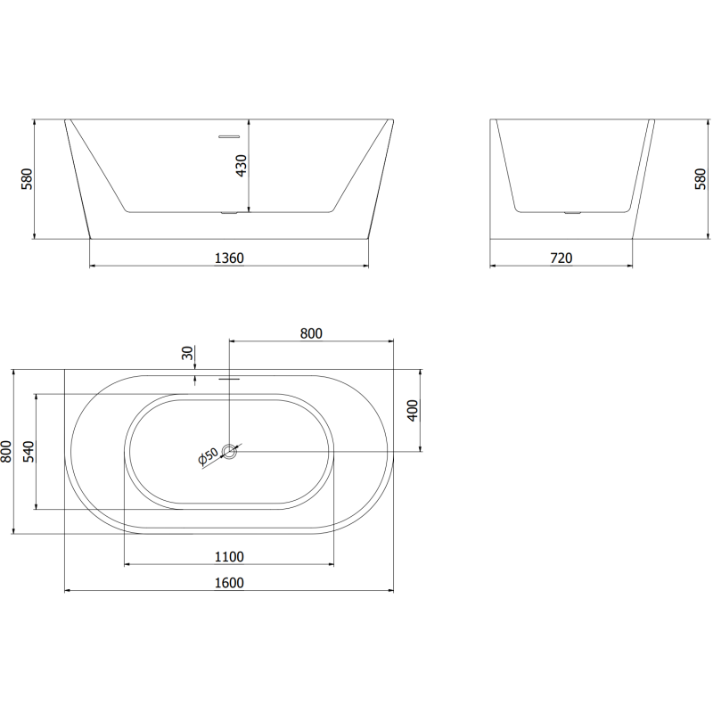 Mexen Oval 160 x 80 cm freestanding wall-mounted bathtub, white/black, brushed gold overflow - 52671608075-55