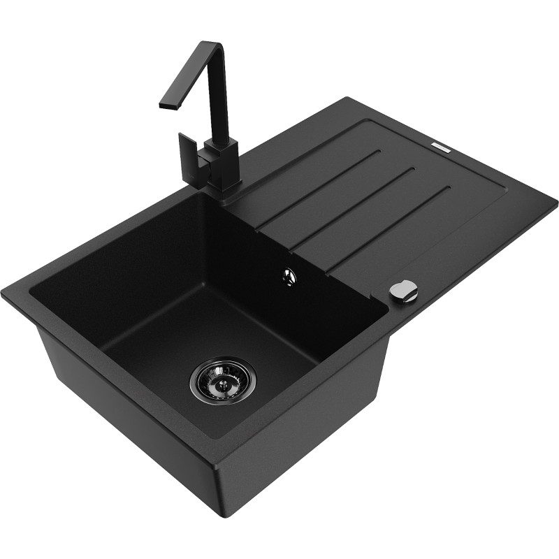 Mexen Bruno 1-bowl granite sink with drainer and Rita kitchen faucet, black - 6513-77-670300-70-B