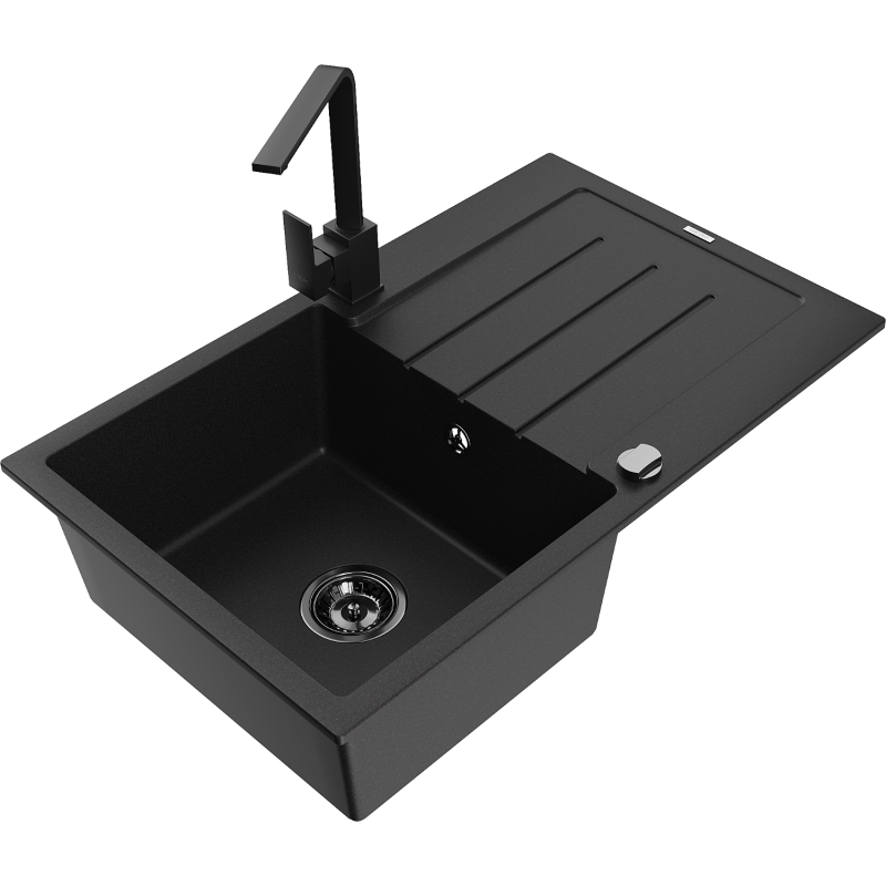 Mexen Bruno 1-bowl granite sink with drainer and Rita kitchen tap, black - 6513-77-670300-70-B