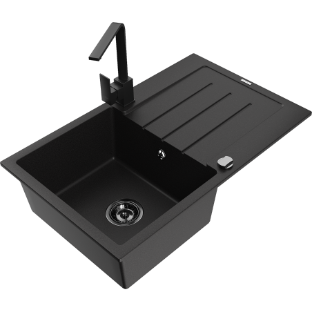 Mexen Bruno 1-bowl granite sink with drainer and Rita kitchen faucet, black - 6513-77-670300-70-B