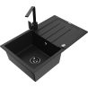Mexen Bruno 1-bowl granite sink with drainer and Rita kitchen faucet, black - 6513-77-670300-70-B