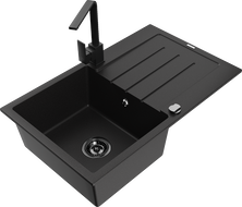 Mexen Bruno granite kitchen sink 1-bowl with drainer and Rita faucet, black - 6513-77-670300-70-B