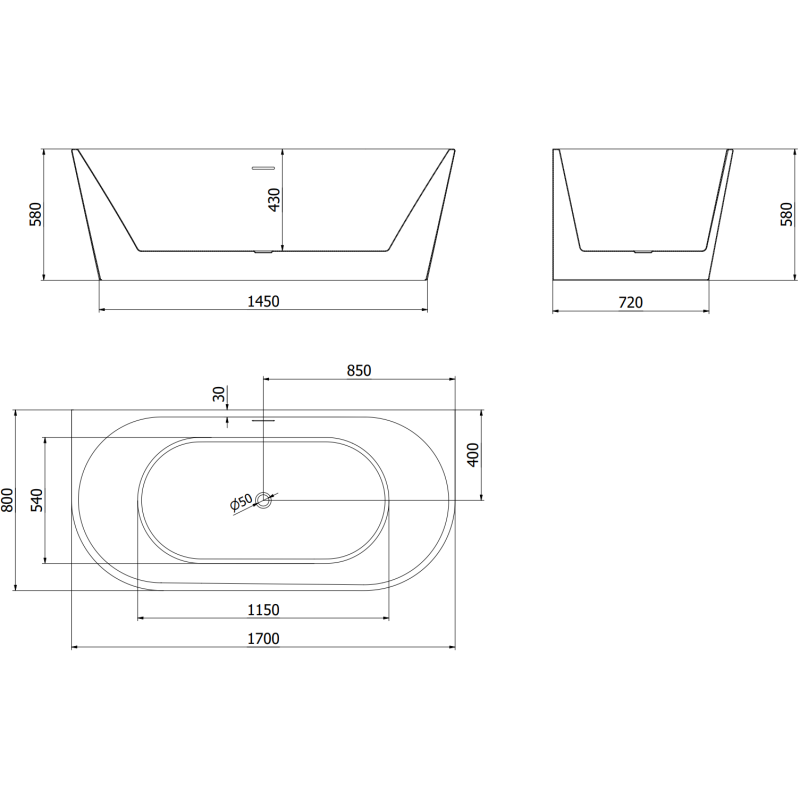 Mexen Oval freestanding wall-mounted bathtub 170 x 80 cm, white, brushed nickel overflow - 52671708000-97
