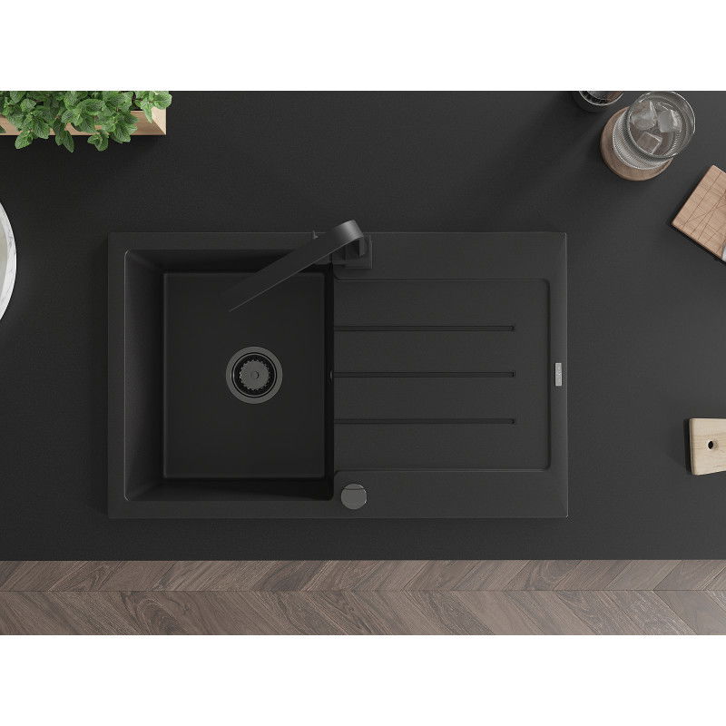 Mexen Bruno 1-bowl granite sink with drainer and Rita kitchen tap, black - 6513-77-670300-70-B