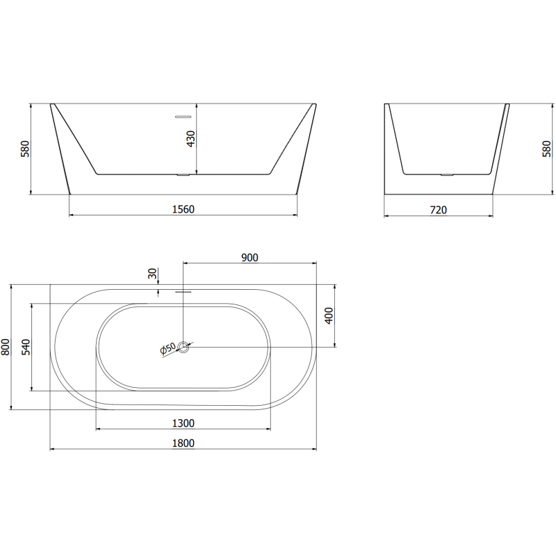 Mexen Oval freestanding wall-mounted bathtub 180 x 80 cm, white, brushed gold overflow - 52671808000-55