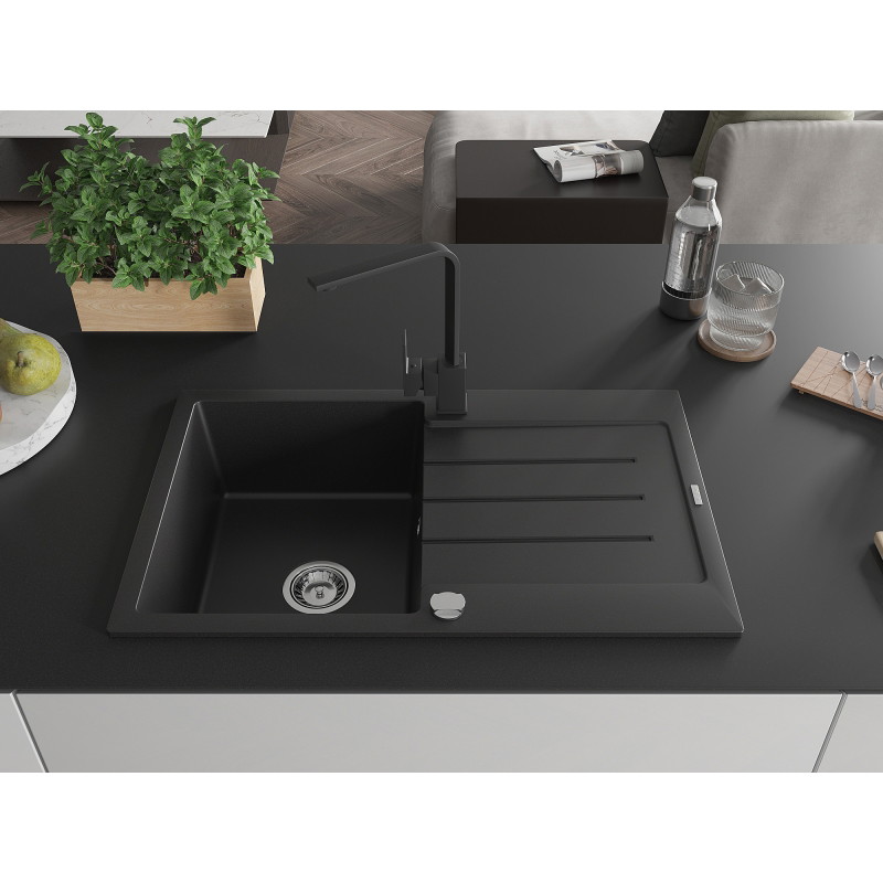 Mexen Bruno granit kitchen sink 1-bowl with draining board and kitchen faucet Rita, black - 6513-77-670300-70
