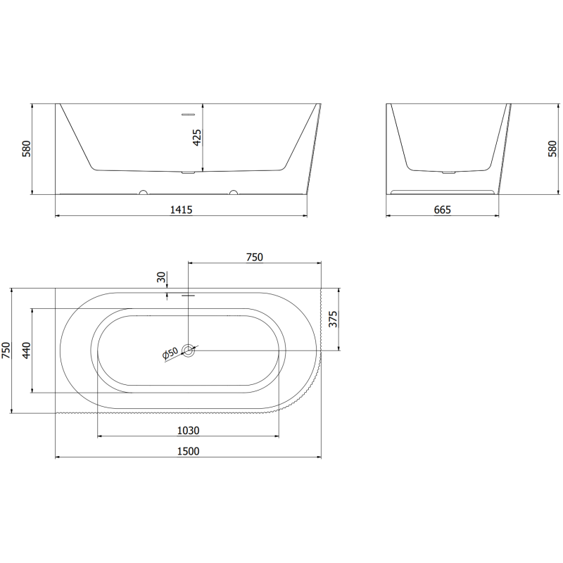 Mexen Silo free-standing corner left grooved bath 150 x 75 cm, white, overflow gun metal - 52891507500L-95