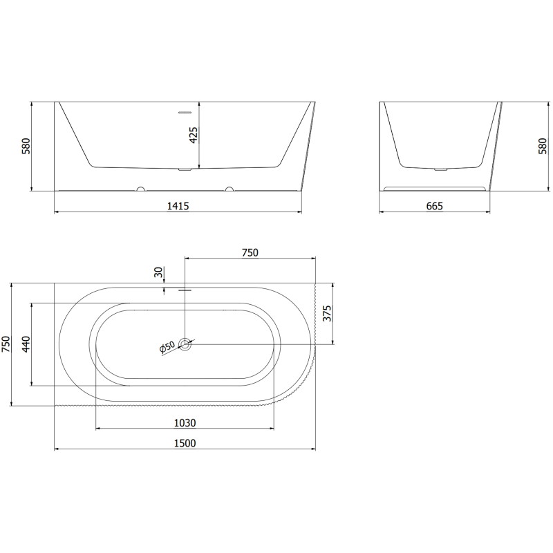 Mexen Silo freestanding corner left ribbed bathtub 150 x 75 cm, white/black, gun gray brushed overflow - 52891507575L-66