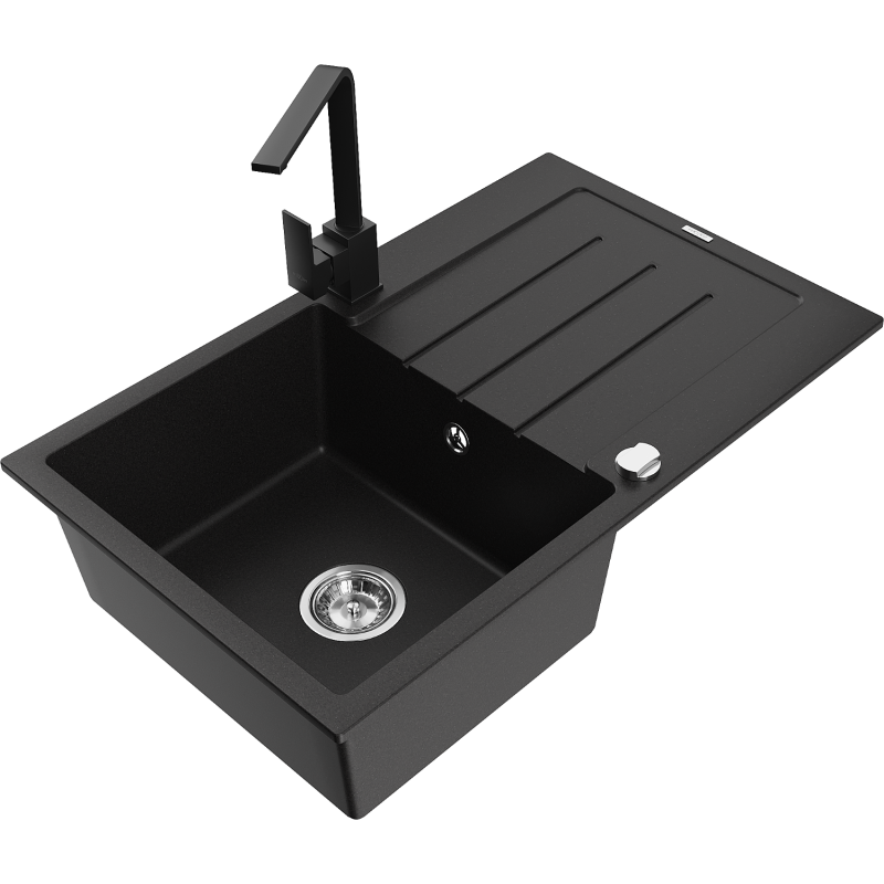 Mexen Bruno 1-compartment granite sink with a drip tray and kitchen mixer tap Rita, Black - 6513-77-670300-70