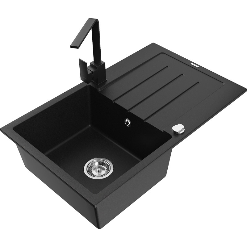 Mexen Bruno granit kitchen sink 1-bowl with draining board and kitchen faucet Rita, black - 6513-77-670300-70
