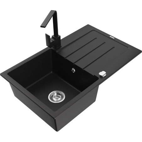 Mexen Bruno 1-Bowl Granite Sink with Drainer and Kitchen Faucet Rita, Black - 6513-77-670300-70