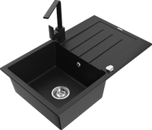 Mexen Bruno 1-bowl granite sink with drainer and Rita kitchen tap, black - 6513-77-670300-70