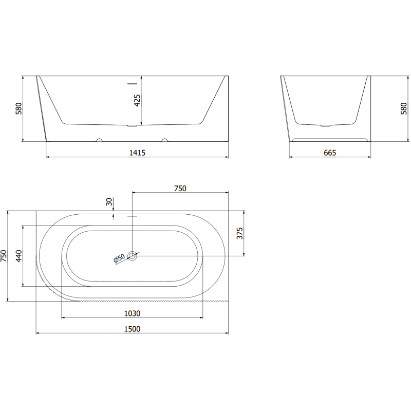Mexen Silo freestanding corner bathtub right grooved 150 x 75 cm, white, gun metal overflow - 52891507500P-95