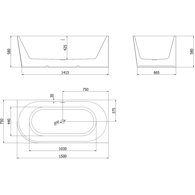 Mexen Silo freestanding corner bathtub right fluted 150 x 75 cm, white/gray, overflow rose gold - 52891507562P-60