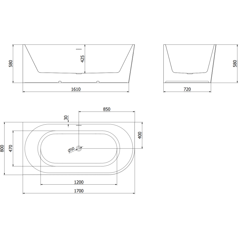 Mexen Silo freestanding corner left grooved bathtub 170 x 80 cm, white, brushed nickel overflow - 52891708000L-97