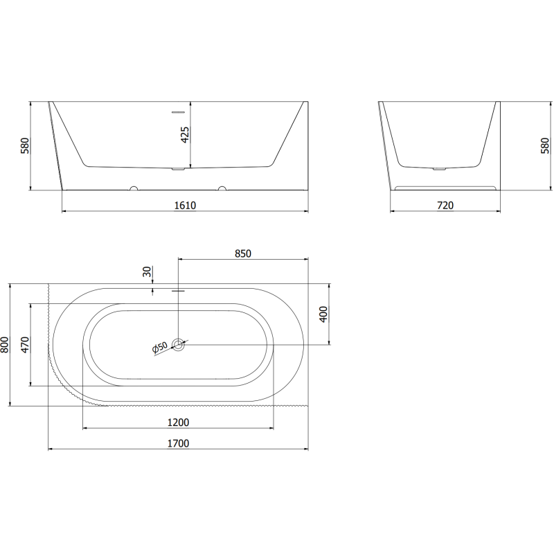 Mexen Silo freestanding corner bathtub right ribbed 170 x 80 cm, white, brushed gold overflow - 52891708000P-55