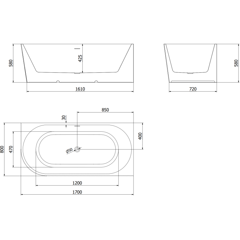Mexen Silo freestanding corner bath right grooved 170 x 80 cm, white/black, white overflow - 52891708075P-20
