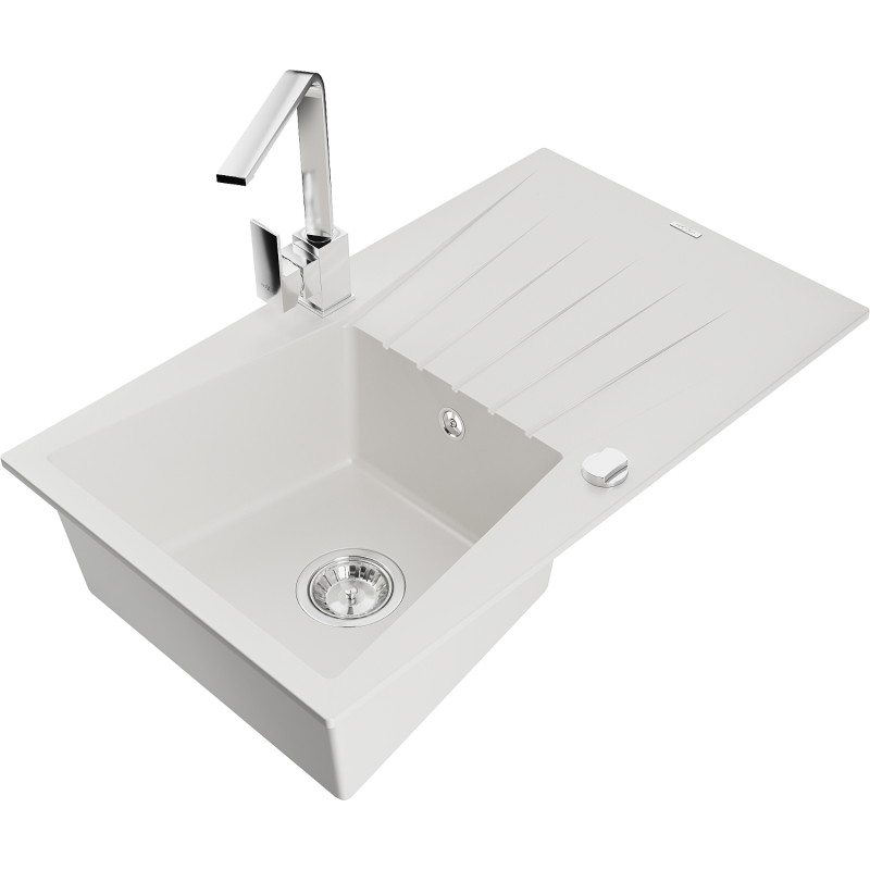 Mexen Cesar 1-bowl granite sink with drainer and Rita kitchen faucet, white - 6514-20-670300-00