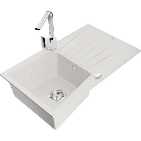 Mexen Cesar 1-bowl granite sink with drainer and Rita kitchen faucet, white - 6514-20-670300-00