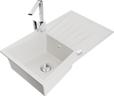 Mexen Cesar 1-bowl granite sink with drainer and Rita kitchen faucet, white - 6514-20-670300-00