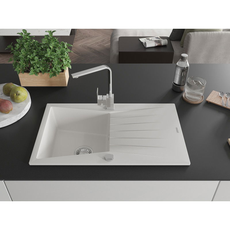 Mexen Cesar single-bowl granite sink with drainer and Rita kitchen tap, white - 6514-20-670300-00