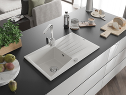 Mexen Cesar single-bowl granite sink with drainer and Rita kitchen tap, white - 6514-20-670300-00