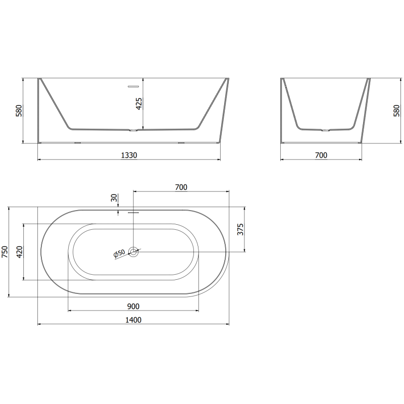 Mexen Mia free-standing corner bathtub left 140 x 75 cm, white, black overflow - 52691407500L-70