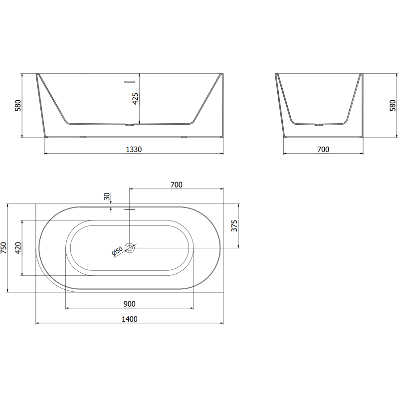Mexen Mia 140 x 75 cm Freestanding Right Corner Bathtub, White/Black, Black Overflow - 52691407575P-70