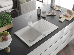 Mexen Cesar 1-compartment granite sink with a drip tray and kitchen mixer tap Rita, White - 6514-20-670300-20