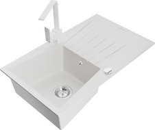 Mexen Cesar 1-bowl granite kitchen sink with drainer and Rita kitchen tap, white - 6514-20-670300-20