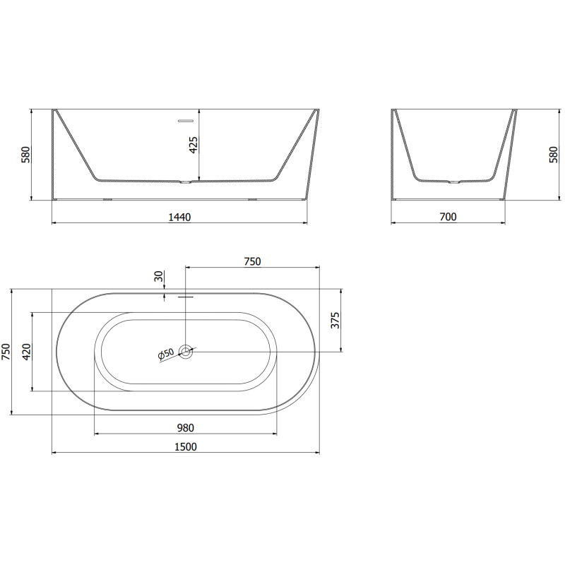 Mexen Mia free-standing corner bathtub left 150 x 75 cm, white/black, brushed copper overflow - 52691507575L-65