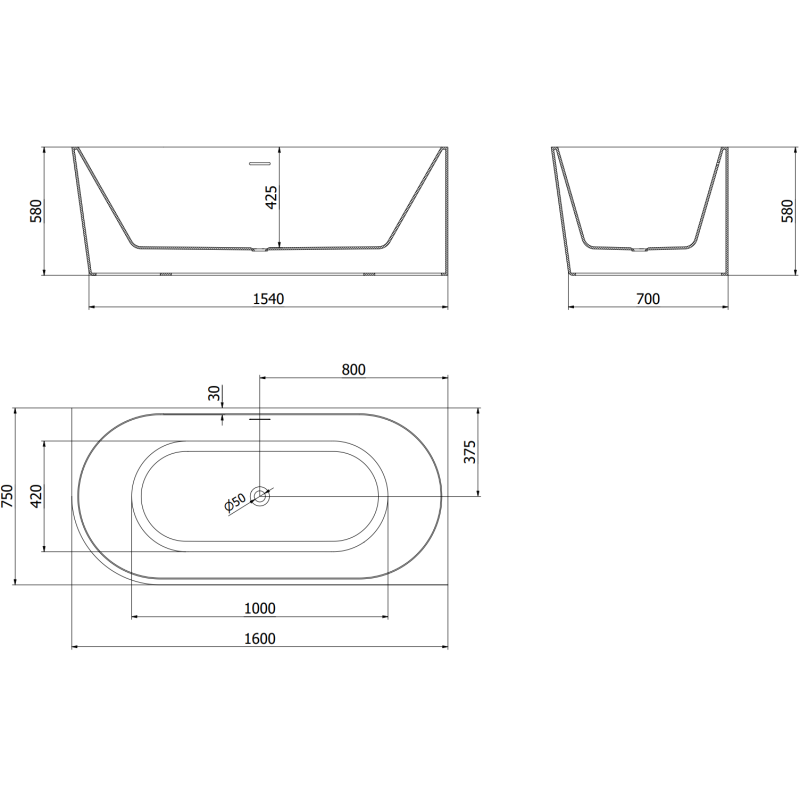 Mexen Mia free-standing corner bathtub right 160 x 75 cm, white, gold overflow - 52691607500P-50
