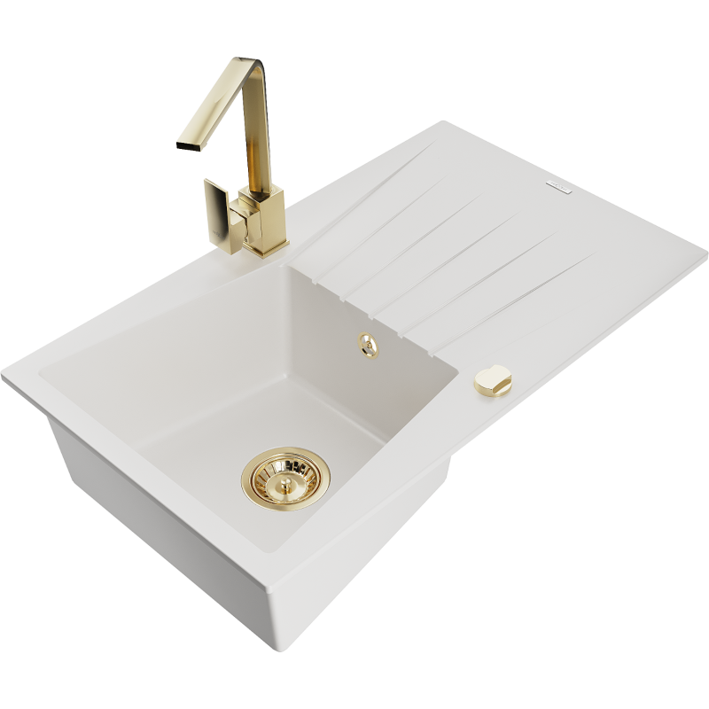 Mexen Cesar 1-compartment granite sink with a drip tray and kitchen mixer tap Rita, White - 6514-20-670300-50