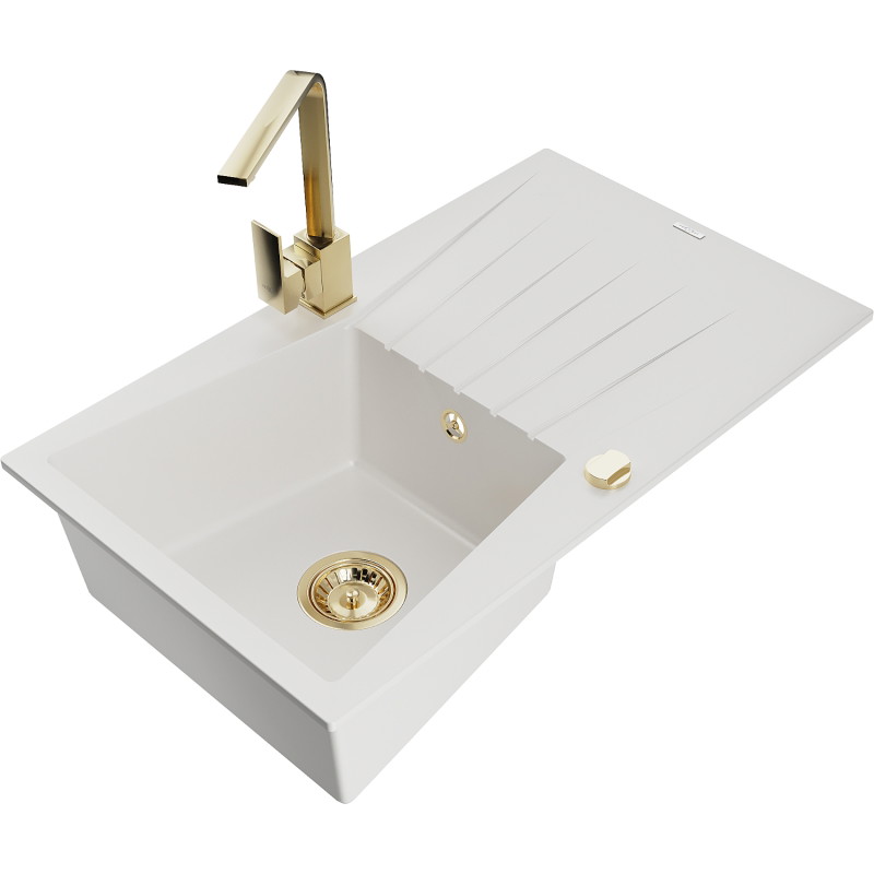 Mexen Cesar granite sink 1-bowl with drainer and kitchen faucet Rita, white - 6514-20-670300-50