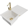 Mexen Cesar granite sink 1-bowl with drainer and kitchen faucet Rita, white - 6514-20-670300-50