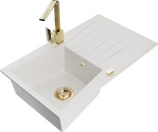 Mexen Cesar granite sink 1-bowl with drainer and kitchen faucet Rita, white - 6514-20-670300-50