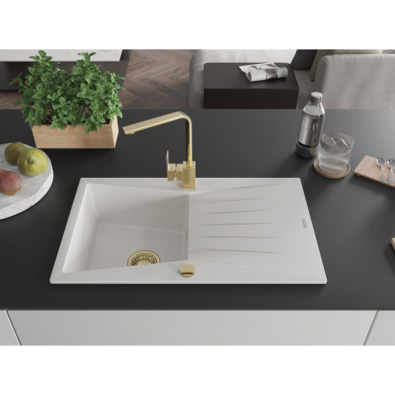 Mexen Cesar granite sink 1-bowl with drainer and kitchen faucet Rita, white - 6514-20-670300-50