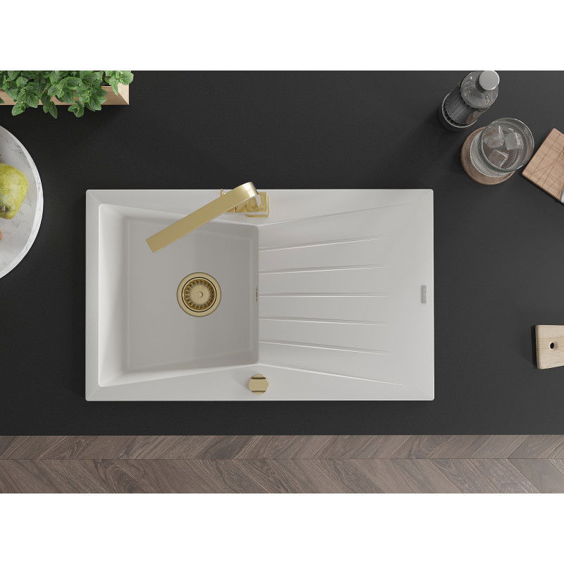 Mexen Cesar granite sink single-bowl with drainer and Rita kitchen tap, white - 6514-20-670300-50