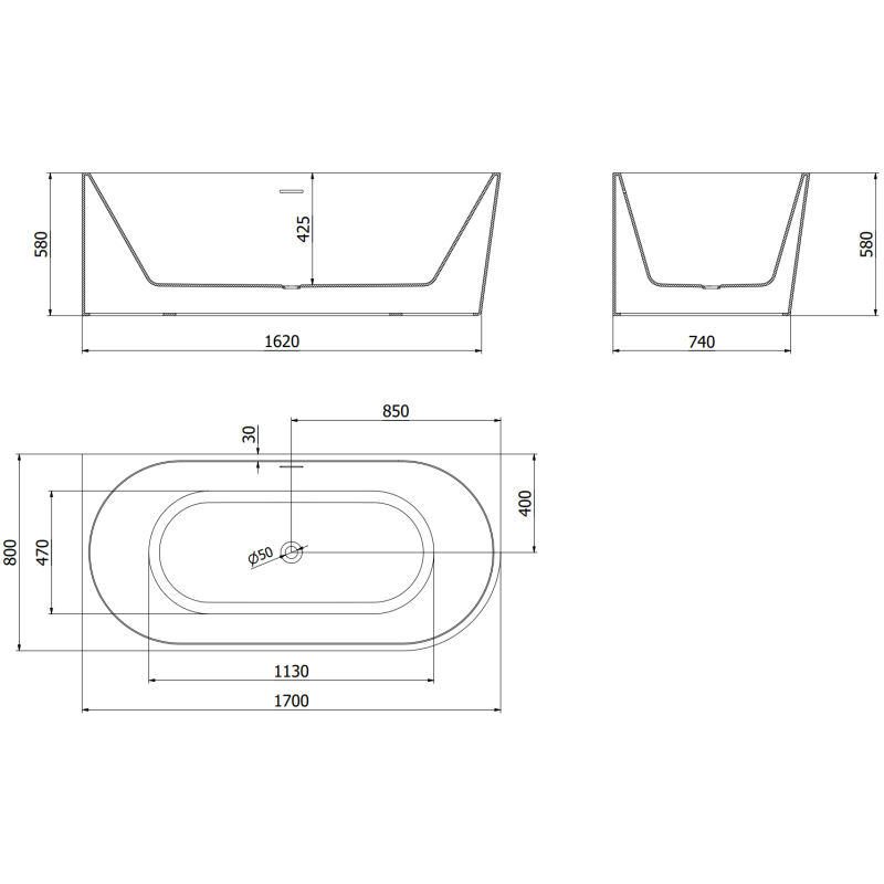 Mexen Mia freestanding corner bathtub left 170 x 80 cm, white, black overflow - 52691708000L-70