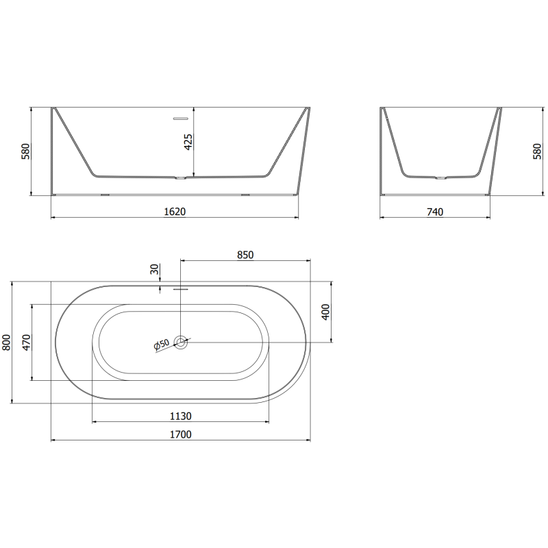 Mexen Mia free-standing corner bathtub left 170 x 80 cm, white/black, white overflow - 52691708075L-20