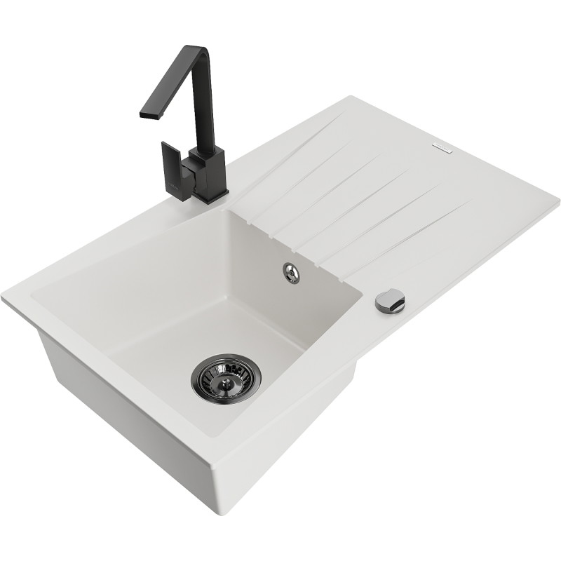 Mexen Cesar 1-bowl granite sink with drainer and kitchen faucet Rita, white - 6514-20-670300-70