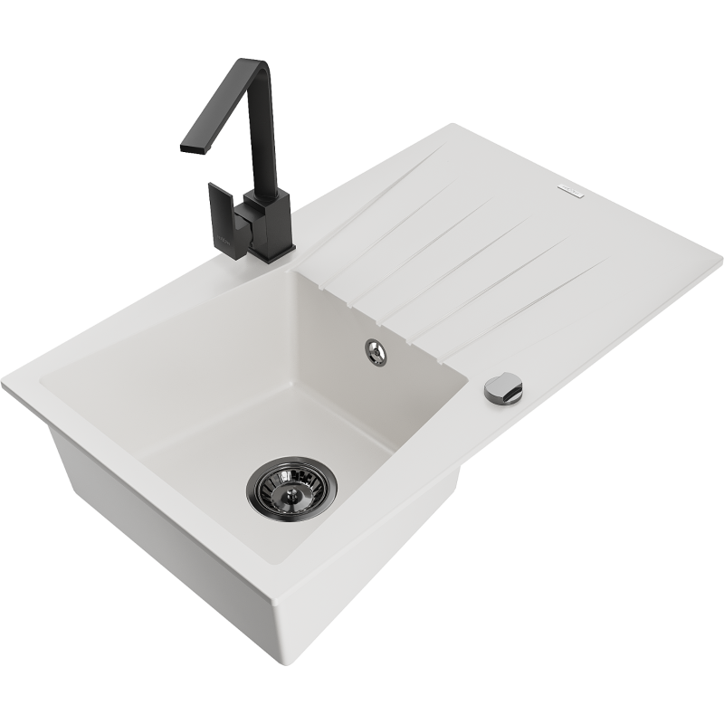 Mexen Cesar granite sink, 1-bowl with drainer and Rita kitchen tap, white - 6514-20-670300-70