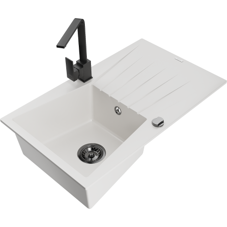 Mexen Cesar 1-bowl granite sink with drainer and kitchen faucet Rita, white - 6514-20-670300-70