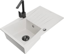 Mexen Cesar 1-bowl granite sink with drainer and kitchen faucet Rita, white - 6514-20-670300-70