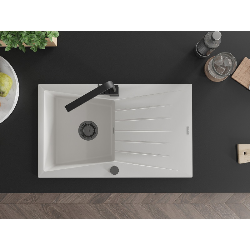 Mexen Cesar granite kitchen sink 1-bowl with drainer and kitchen faucet Rita, white - 6514-20-670300-70