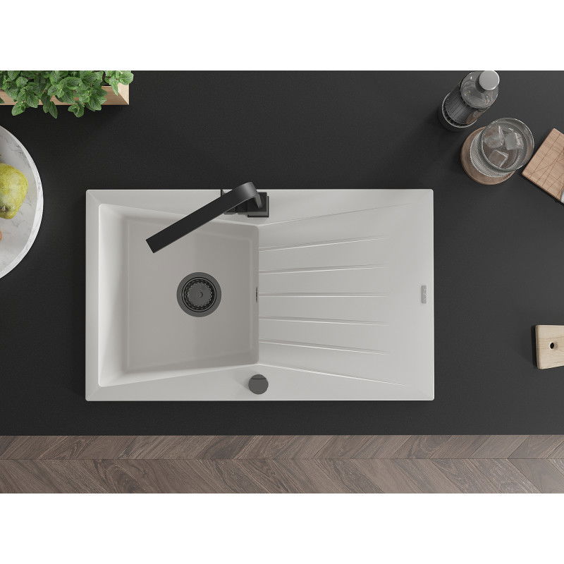 Mexen Cesar granite sink, 1-bowl with drainer and Rita kitchen tap, white - 6514-20-670300-70