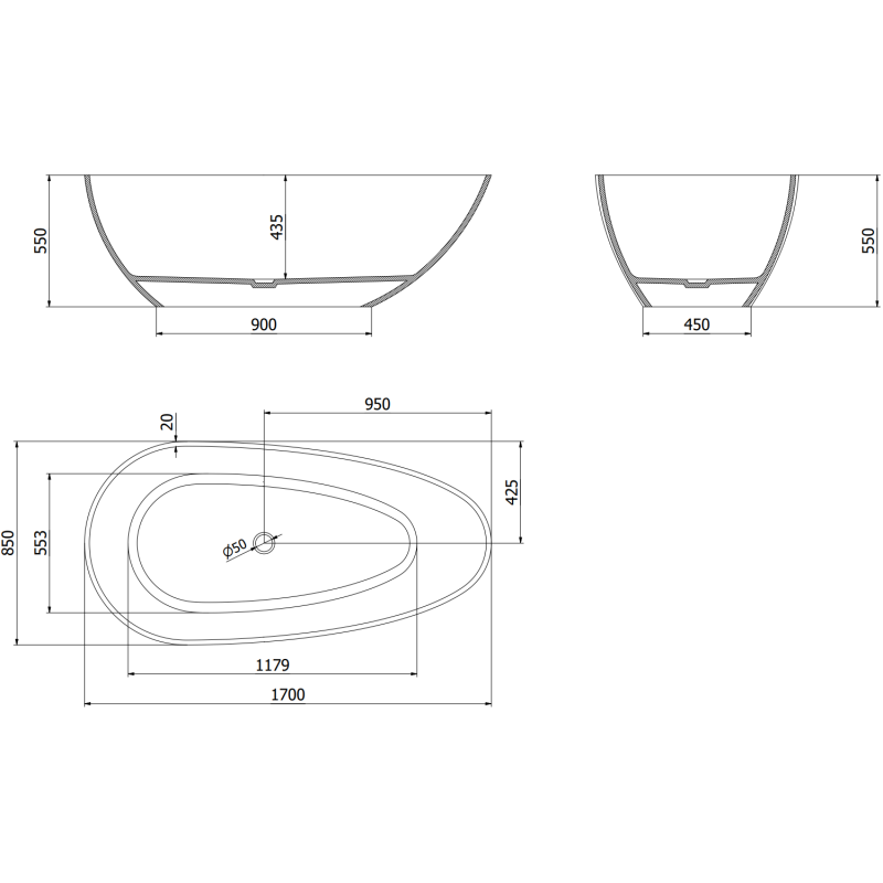 Mexen Glass Black Freestanding Transparent Bath 170 x 85 cm, Chrome Plug - 58061708513