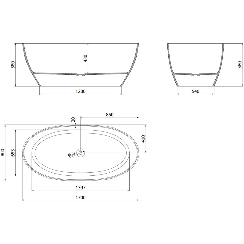 Mexen Orax freestanding transparent bathtub 170 x 80 cm, black, chrome plug - 58081708013